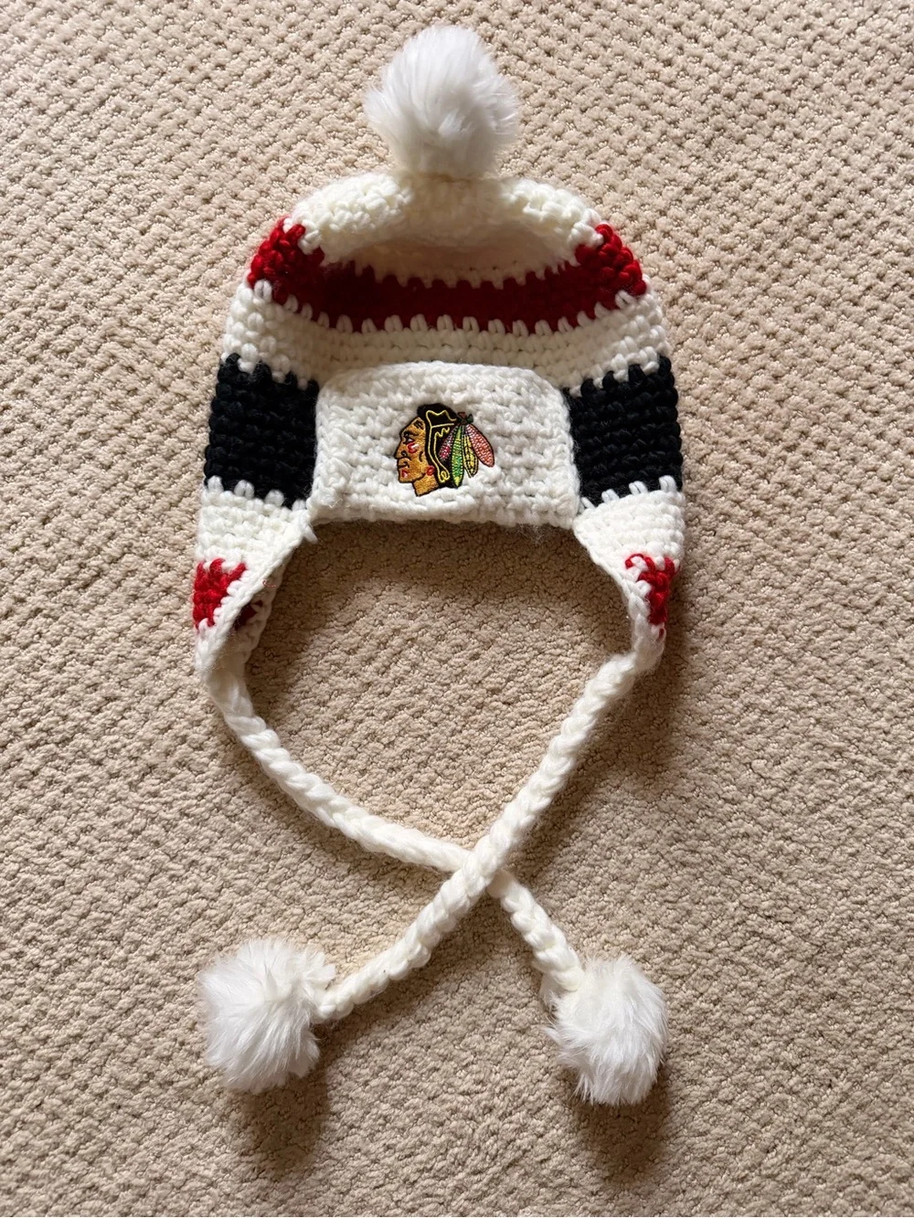 Chicago Blackhawks adult White Knit Pom Pom Earflap Hat